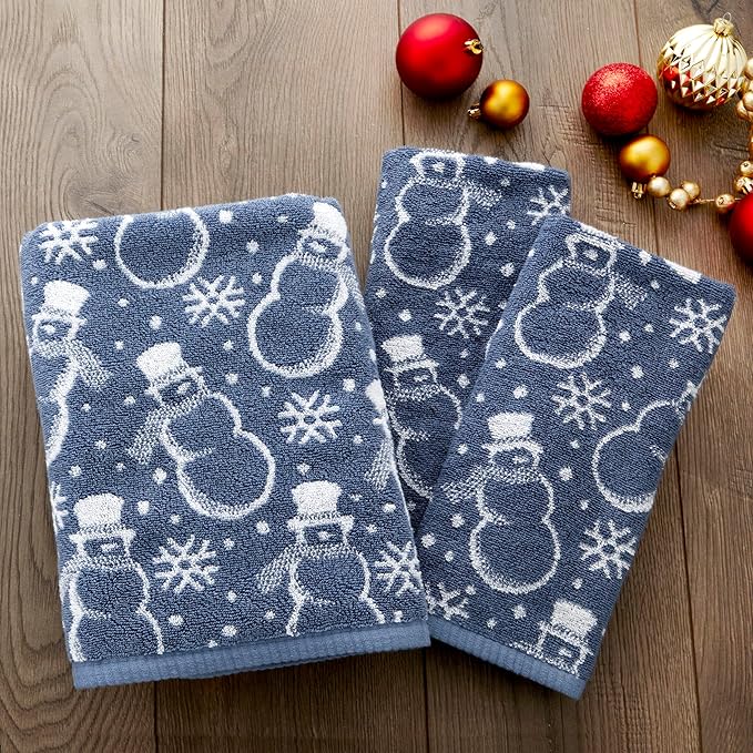 SKL Home Winter/Christmas Top Hat Snowmen Hand Towel 2pc Set for Bath/Kitchen/Bar & Gift, Blue