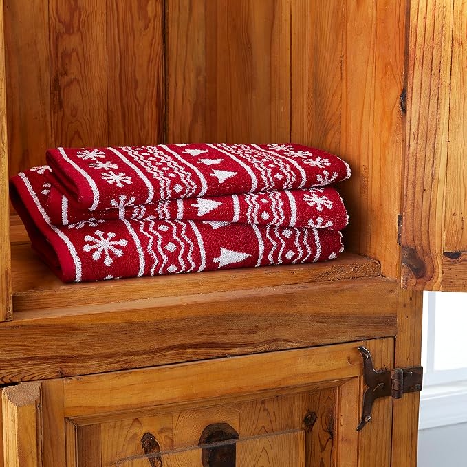 SKL Home Winter/Christmas Fair Isle Hand Towel 2pc Set for Bath/Kitchen/Bar & Gift, Red