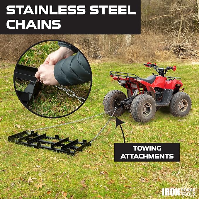 Iron Forge Tools Drag Harrow - Driveway Pull Behind Lawn Leveling Rake Grader - Tow Behind Lawn Tractor Attachments for ATV, UTV, or Mower - 4 Feet Heavy Gauge Powder Coated Welded Steel - Black