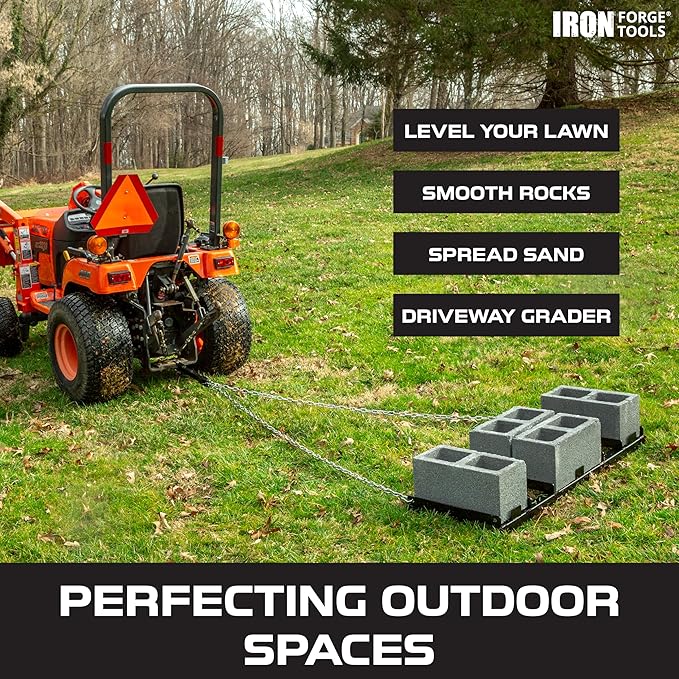 Iron Forge Tools Drag Harrow - Driveway Pull Behind Lawn Leveling Rake Grader - Tow Behind Lawn Tractor Attachments for ATV, UTV, or Mower - 4 Feet Heavy Gauge Powder Coated Welded Steel - Black