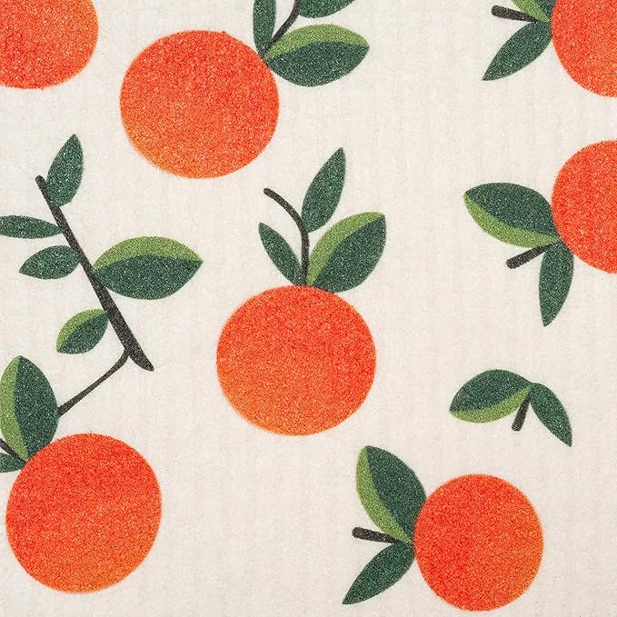 Swedish Dishcloths 3 Pack Oranges Print Reusable Sponges Kitchen Cleaning Cloth Dish Scrubber, Machine Washable, Measures 7.87”x6.88 inches.