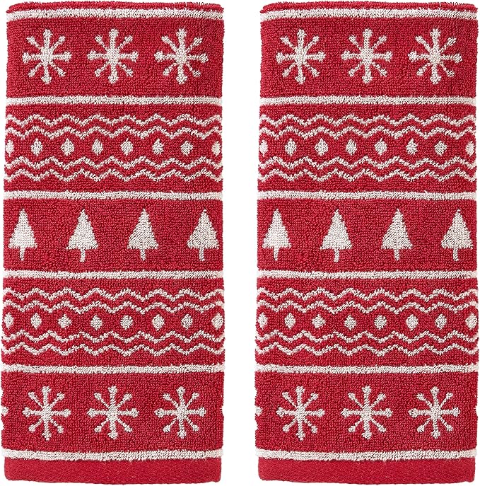 SKL Home Winter/Christmas Fair Isle Hand Towel 2pc Set for Bath/Kitchen/Bar & Gift, Red