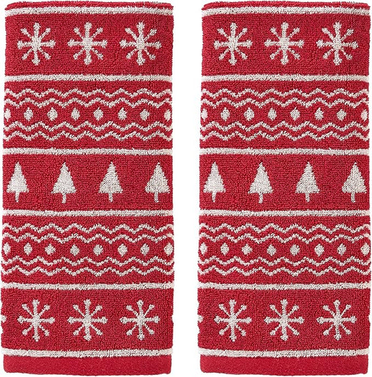 SKL Home Winter/Christmas Fair Isle Hand Towel 2pc Set for Bath/Kitchen/Bar & Gift, Red