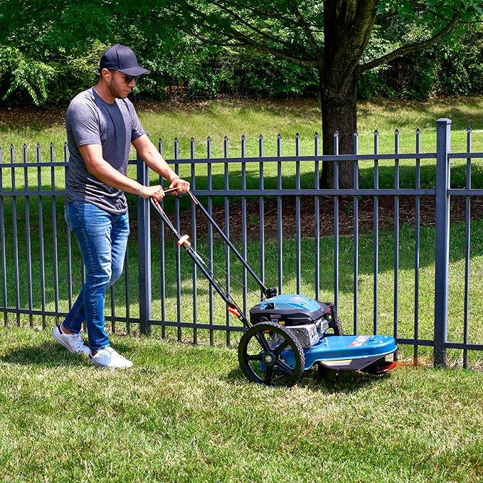 SENIX High Wheel Gas Walk Behind Brush Cutter and String Trimmer, 22-Inch Swatch with .155-Inch Line, 160 cc 4-Cycle Engine, Steel Deck, 14" Rubber Wheels, Adjustable Height (STMG-L)